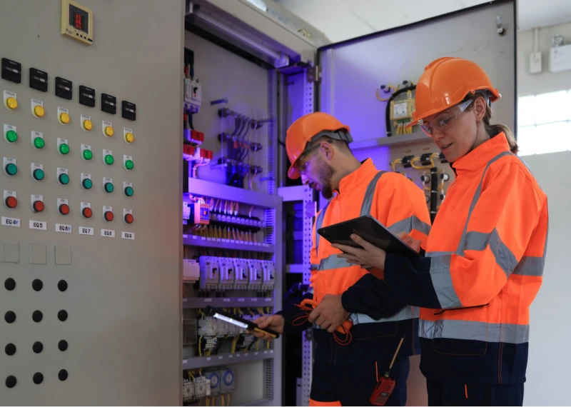 Engineers inspecting electrical panel
