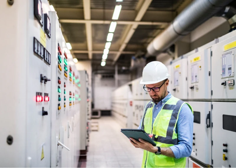 Technician analyzing data in industrial setting